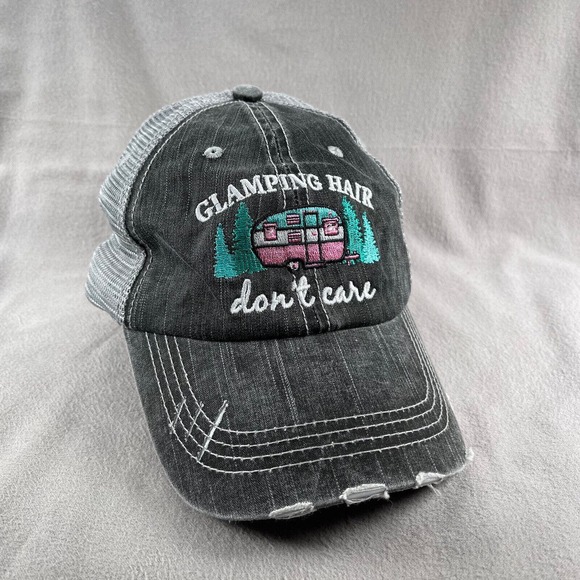 Glamping Hair Don't Care Hat Womens Gray Distressed Mesh Back - Picture 1 of 10